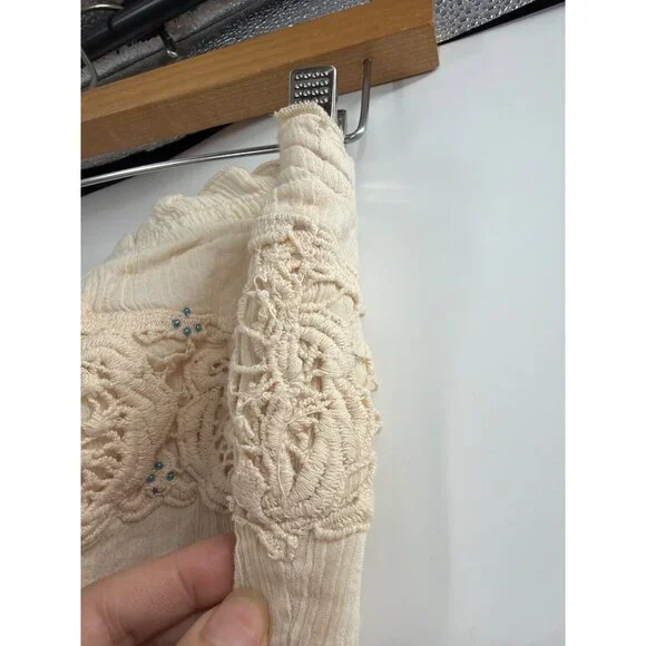 Free People Womens Large Maxi Dress Cream Strapless Boho Crochet Beaded Prairie - Picture 10 of 10